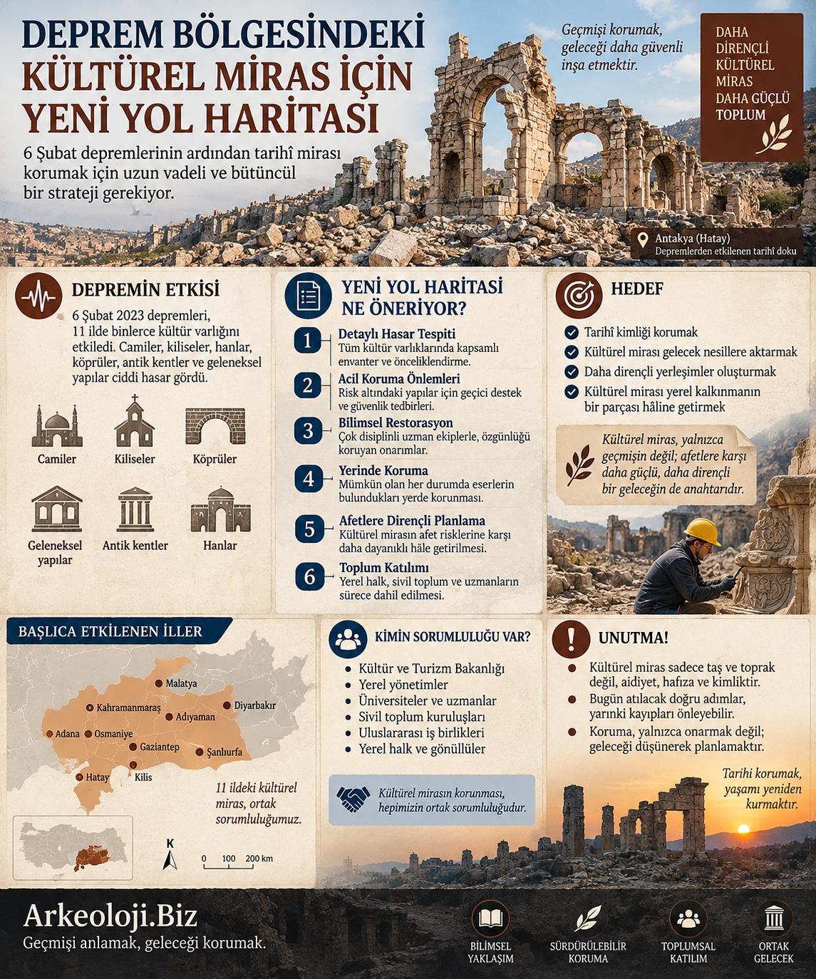 Deprem Sonrası Kültürel Miras Nasıl Korunur? Deprem sonrası kültürel mirasın hasar tespiti, enkaz belgeleme, Koruma Kurulu kararı, restorasyon, dijital envanter ve risk analizi aşamalarını gösteren infografik